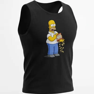 Cartoon Homer Simpson enjoying pork rinds with funny text — printed on a tank top