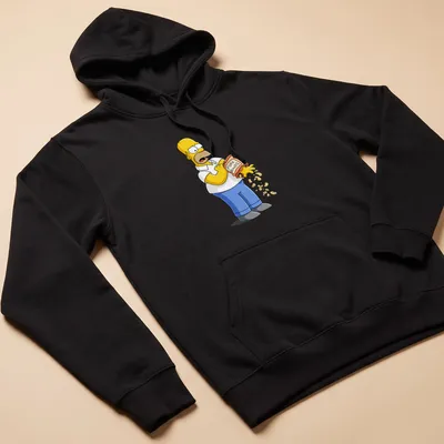 Cartoon Homer Simpson enjoying pork rinds with funny text — printed on a unisex hoodie