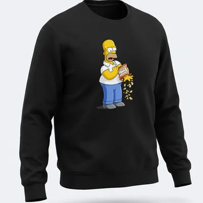 Cartoon Homer Simpson enjoying pork rinds with funny text — printed on a unisex sweatshirt