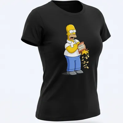 Cartoon Homer Simpson enjoying pork rinds with funny text — printed on a women's shirt