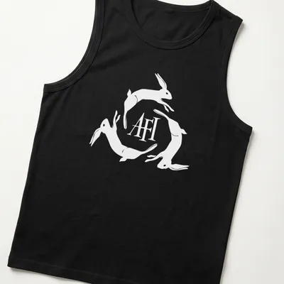 Minimalist design featuring hopping rabbits and AFI text on a white background — printed on a tank top