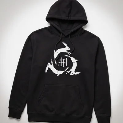 Minimalist design featuring hopping rabbits and AFI text on a white background — printed on a unisex hoodie