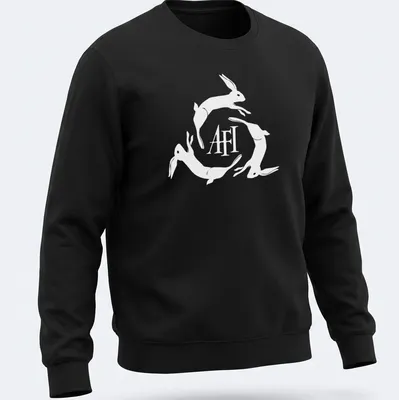 Minimalist design featuring hopping rabbits and AFI text on a white background — printed on a unisex sweatshirt