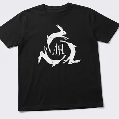 Minimalist design featuring hopping rabbits and AFI text on a white background