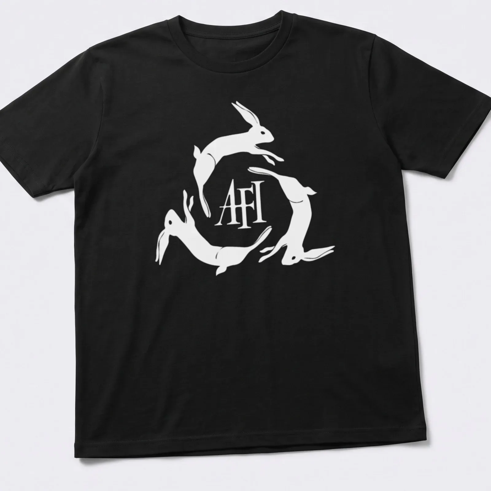 Minimalist design featuring hopping rabbits and AFI text on a white background — printed on a unisex t-shirt