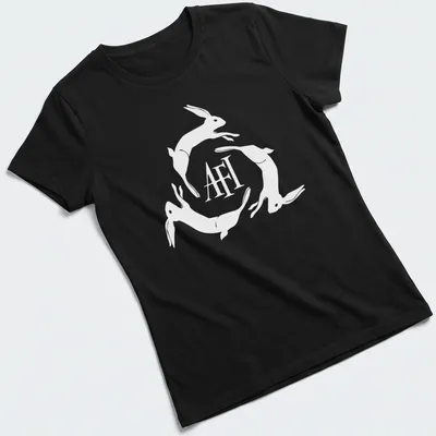 Minimalist design featuring hopping rabbits and AFI text on a white background — printed on a women's shirt