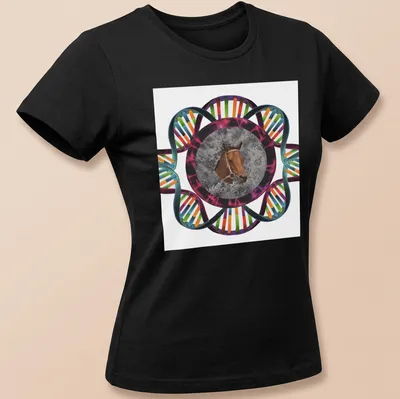 Abstract colorful horse design with the text 'The Great Horse' — printed on a women's shirt