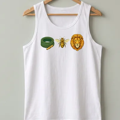Illustration of a hose, bee, and lion forming a rebus puzzle on a — printed on a tank top