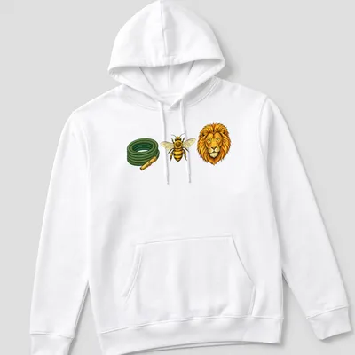 Illustration of a hose, bee, and lion forming a rebus puzzle on a — printed on a unisex hoodie
