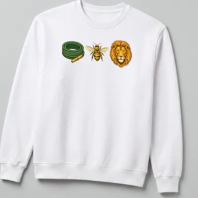 Illustration of a hose, bee, and lion forming a rebus puzzle on a — printed on a unisex sweatshirt