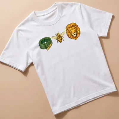 Illustration of a hose, bee, and lion forming a rebus puzzle on a T-shirt