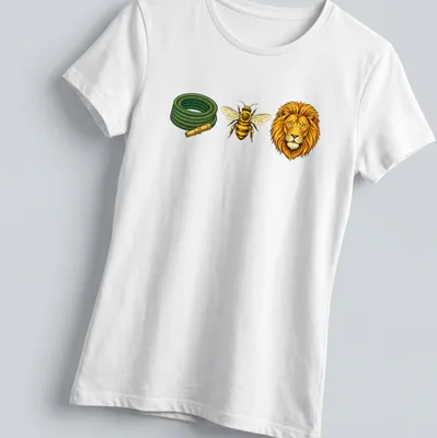 Illustration of a hose, bee, and lion forming a rebus puzzle on a — printed on a women's shirt