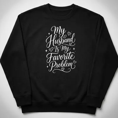 Script typography shirt with the phrase My Husband Is My Favorite Problem in white — printed on a unisex sweatshirt