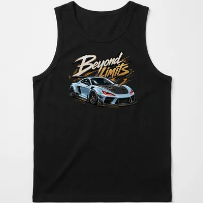 Bold illustration of an ice blue widebody street racer with text 'Beyond Limits' — printed on a tank top