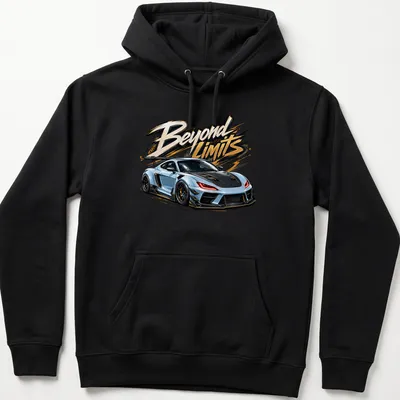 Bold illustration of an ice blue widebody street racer with text 'Beyond Limits' — printed on a unisex hoodie