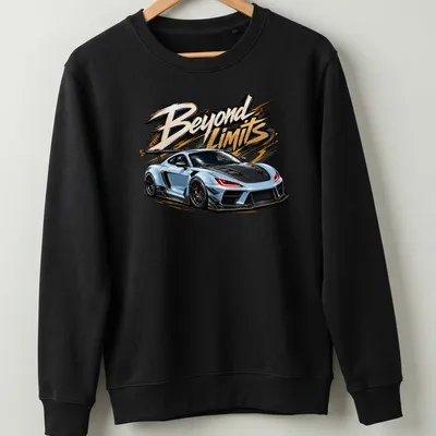 Bold illustration of an ice blue widebody street racer with text 'Beyond Limits' — printed on a unisex sweatshirt