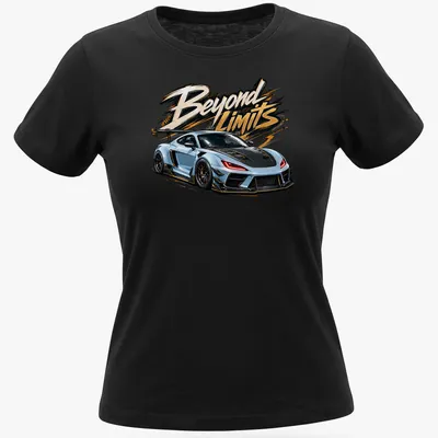 Bold illustration of an ice blue widebody street racer with text 'Beyond Limits' — printed on a women's shirt