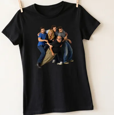 Photographic print of the cast from Its Always Sunny In Philadelphia in black, blue, and beige — printed on a women's shirt