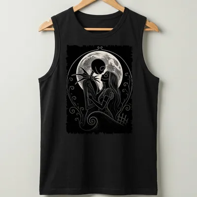 Gothic illustration of Jack and Sally embracing under a moonlit sky in black, white, and gray — printed on a tank top