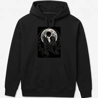 Gothic illustration of Jack and Sally embracing under a moonlit sky in black, white, and gray — printed on a unisex hoodie