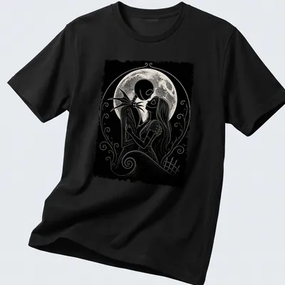 Gothic illustration of Jack and Sally embracing under a moonlit sky in black, white, and gray