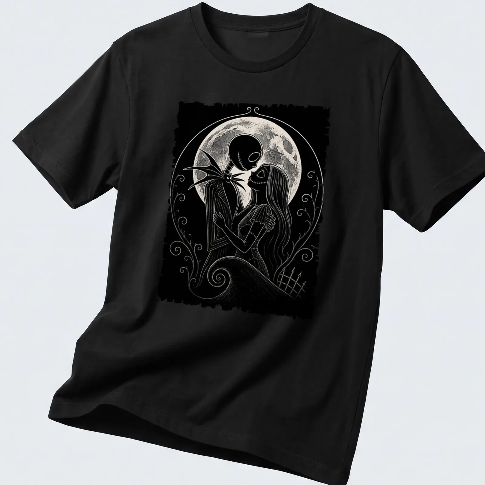 Gothic illustration of Jack and Sally embracing under a moonlit sky in black, white, and gray — printed on a unisex t-shirt