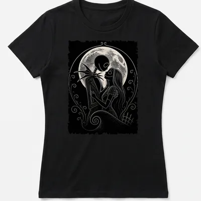 Gothic illustration of Jack and Sally embracing under a moonlit sky in black, white, and gray — printed on a women's shirt