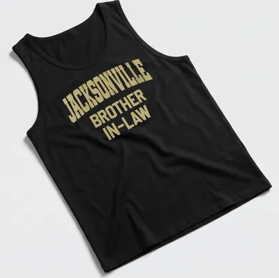 Bold collegiate Jacksonville Brother In-Law t-shirt in gold lettering — printed on a tank top