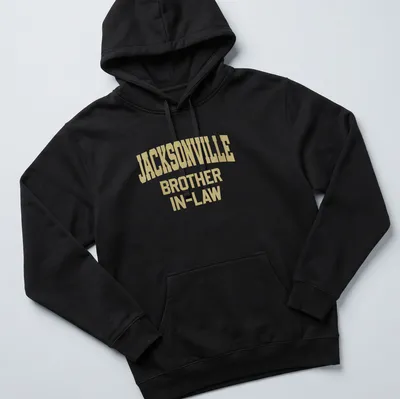 Bold collegiate Jacksonville Brother In-Law t-shirt in gold lettering — printed on a unisex hoodie