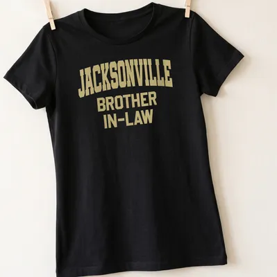 Bold collegiate Jacksonville Brother In-Law t-shirt in gold lettering — printed on a women's shirt