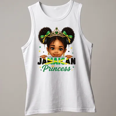 Cartoon T-shirt featuring a girl with a messy bun and crown above the text Jamaican Princess — printed on a tank top