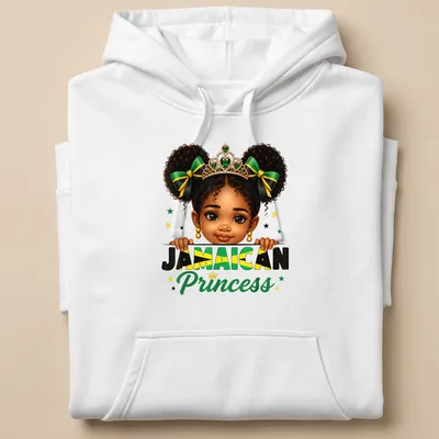Cartoon T-shirt featuring a girl with a messy bun and crown above the text Jamaican Princess — printed on a unisex hoodie