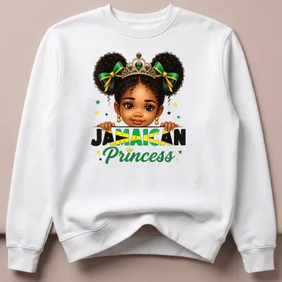 Cartoon T-shirt featuring a girl with a messy bun and crown above the text Jamaican Princess — printed on a unisex sweatshirt