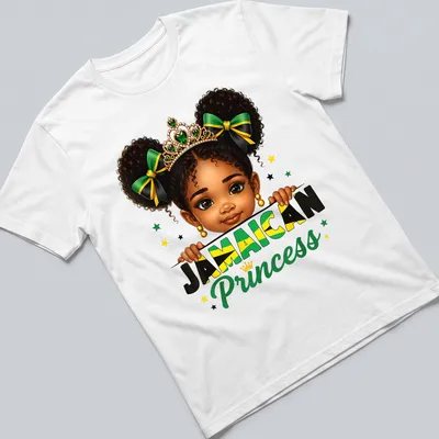 Cartoon T-shirt featuring a girl with a messy bun and crown above the text Jamaican Princess