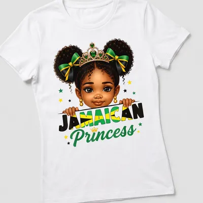 Cartoon T-shirt featuring a girl with a messy bun and crown above the text Jamaican Princess — printed on a women's shirt