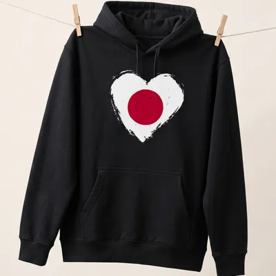 Distressed heart design featuring the Japan flag in red and white — printed on a unisex hoodie