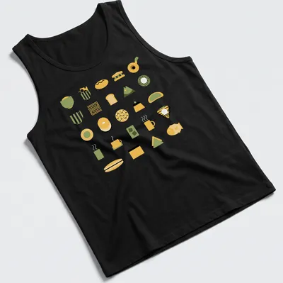 Illustration of various Japanese foods in vibrant flat design with yellow, green, black, and white. — printed on a tank top