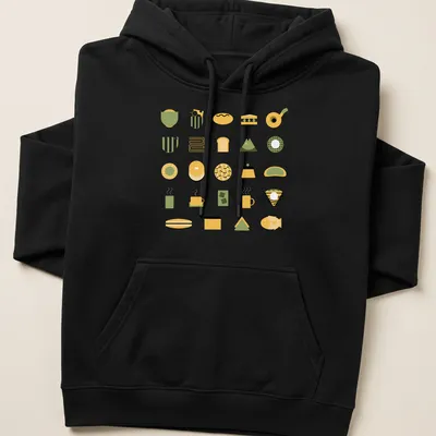 Illustration of various Japanese foods in vibrant flat design with yellow, green, black, and white. — printed on a unisex hoodie