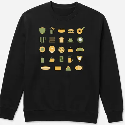 Illustration of various Japanese foods in vibrant flat design with yellow, green, black, and white. — printed on a unisex sweatshirt