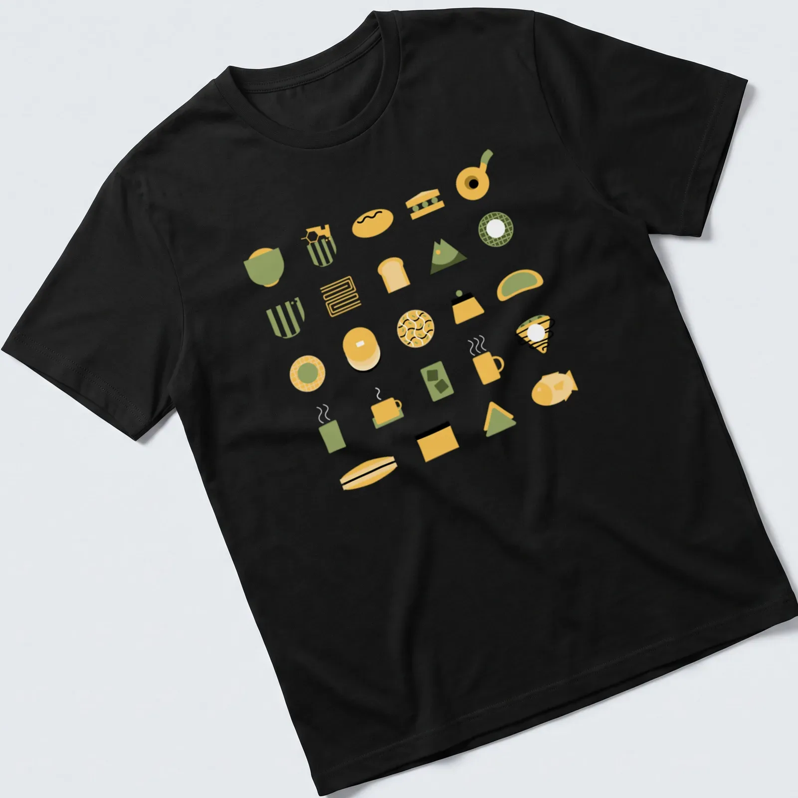 Illustration of various Japanese foods in vibrant flat design with yellow, green, black, and white. — printed on a unisex t-shirt