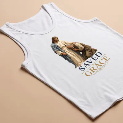Realistic depiction of Jesus and a kneeling man with the text 'SAVED by GRACE' — printed on a tank top