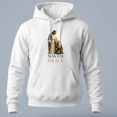 Realistic depiction of Jesus and a kneeling man with the text 'SAVED by GRACE' — printed on a unisex hoodie