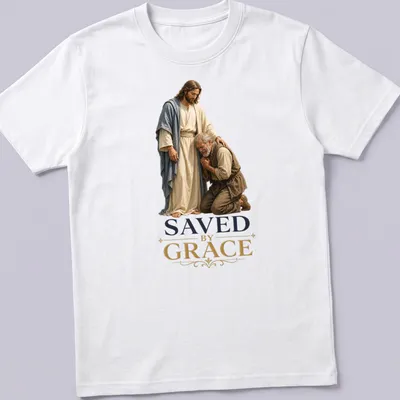 Realistic depiction of Jesus and a kneeling man with the text 'SAVED by GRACE'