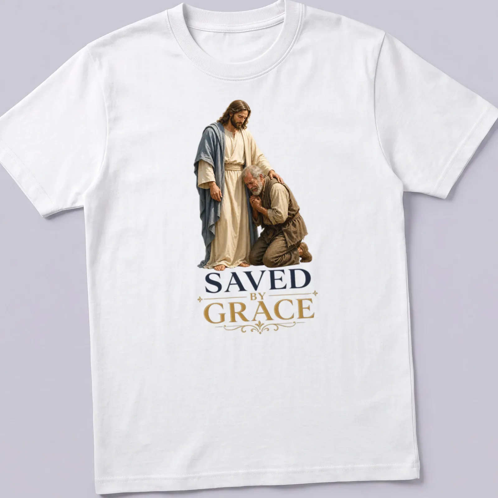 Realistic depiction of Jesus and a kneeling man with the text 'SAVED by GRACE' — printed on a unisex t-shirt