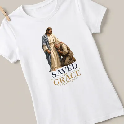 Realistic depiction of Jesus and a kneeling man with the text 'SAVED by GRACE' — printed on a women's shirt