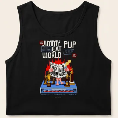 Vintage concert poster-style shirt featuring Jimmy Eat World anniversary details in vibrant colors — printed on a tank top