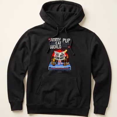 Vintage concert poster-style shirt featuring Jimmy Eat World anniversary details in vibrant colors — printed on a unisex hoodie
