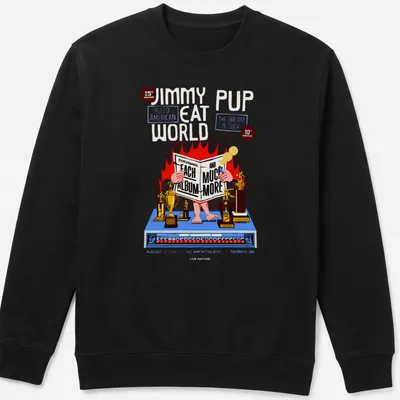 Vintage concert poster-style shirt featuring Jimmy Eat World anniversary details in vibrant colors — printed on a unisex sweatshirt