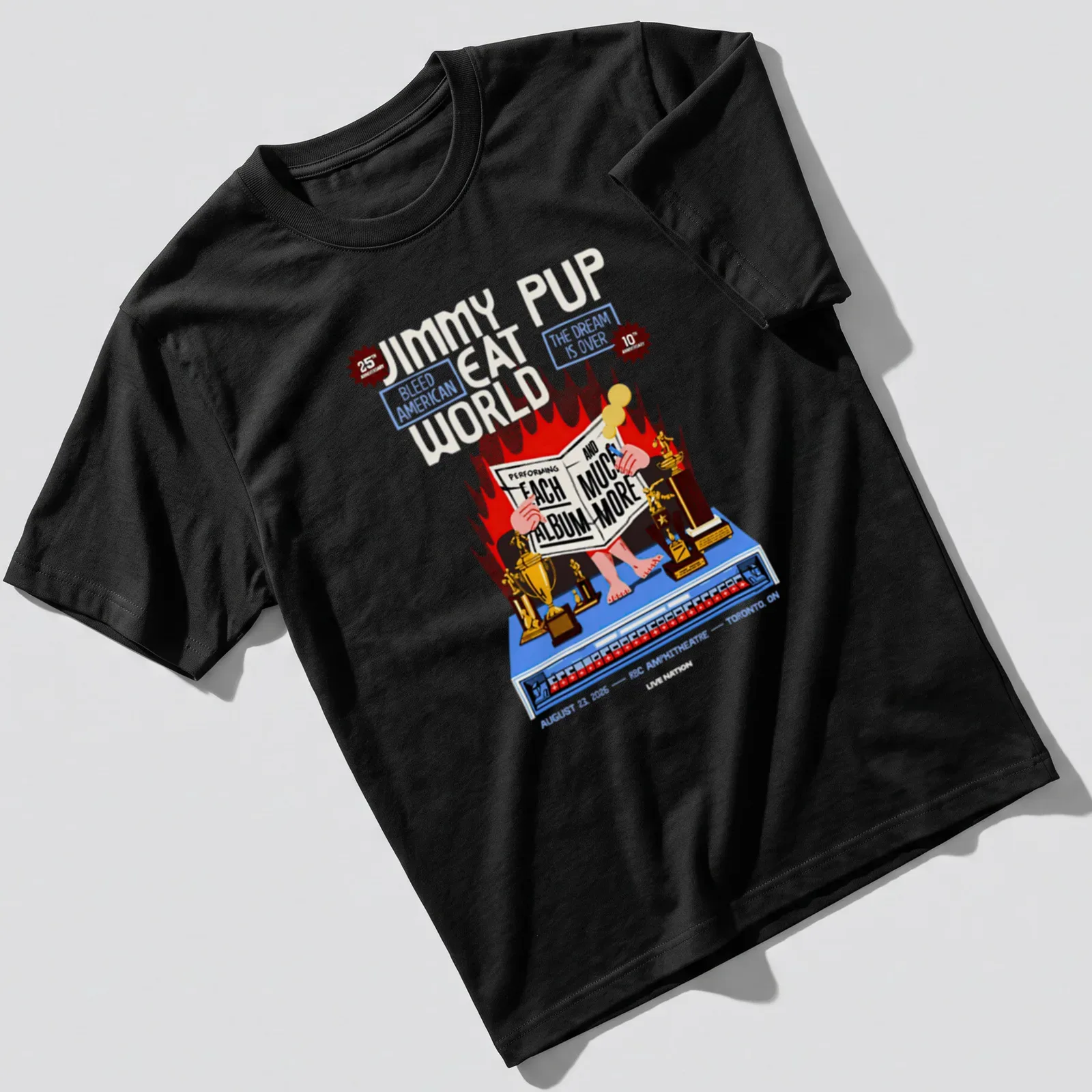Vintage concert poster-style shirt featuring Jimmy Eat World anniversary details in vibrant colors — printed on a unisex t-shirt