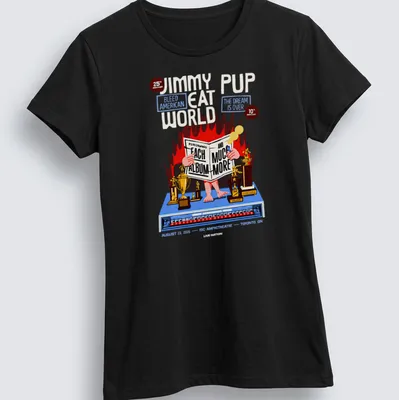 Vintage concert poster-style shirt featuring Jimmy Eat World anniversary details in vibrant colors — printed on a women's shirt
